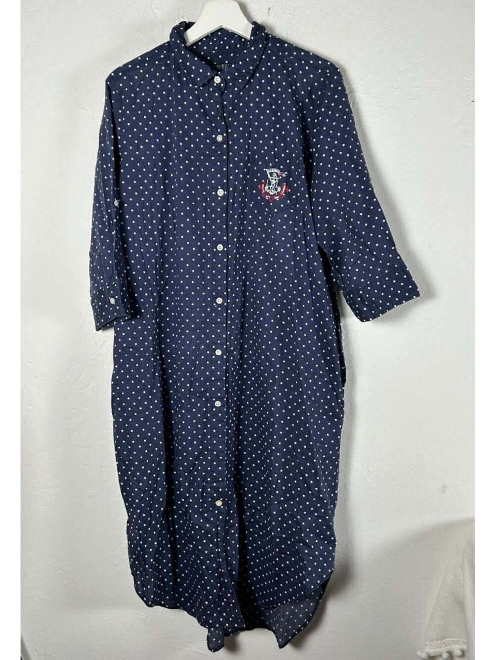 Lauren Ralph Lauren Womens Sleepshirt Navy Blue Polka Dot Large Button Down